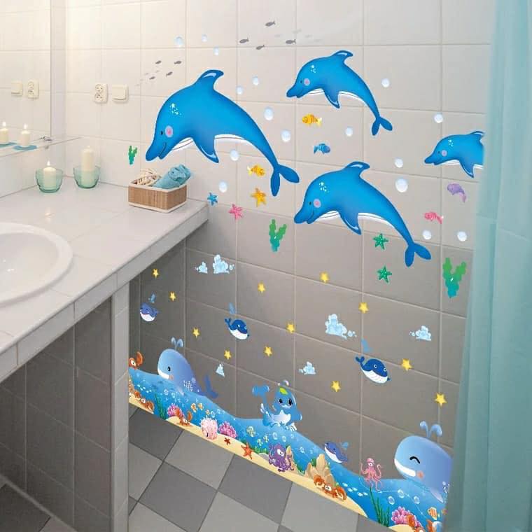 Decal dán tường Đàn cá heo xanh và chân tường cá voi - HP345