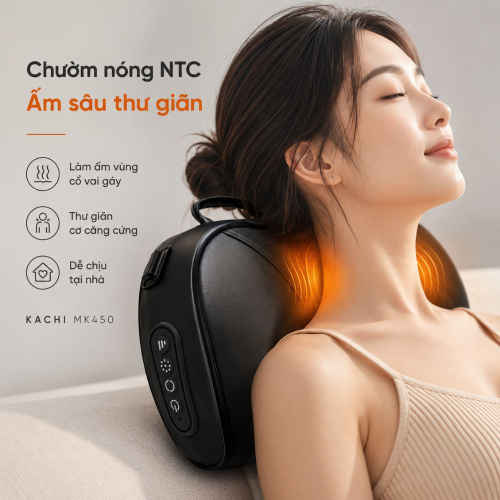Gối Massage Cổ Vai Gáy Kachi MK450 – Công Nghệ Massage 4D Chườm Nóng - hàng chính hãng