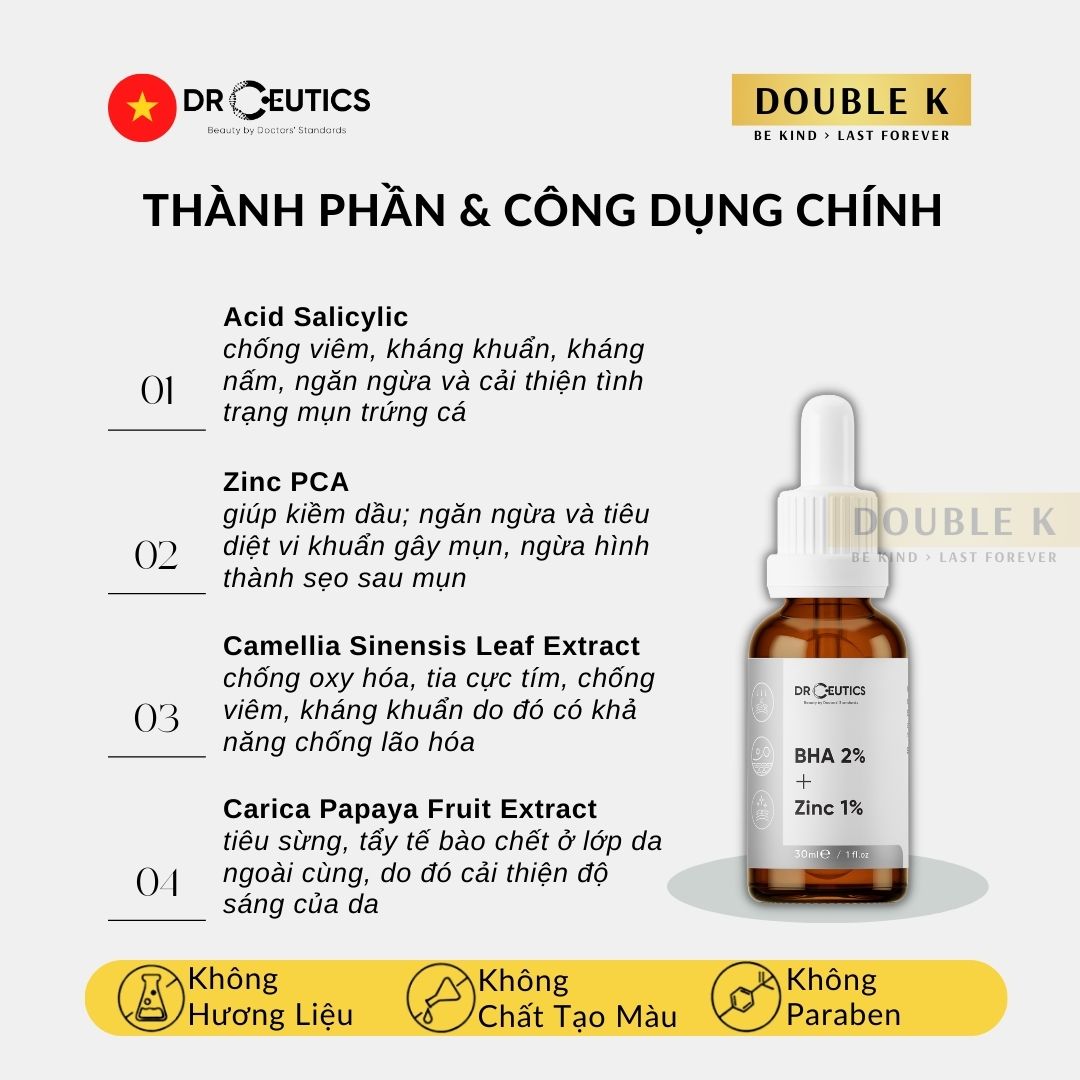 Serum Mụn DrCeutics BHA 2% + ZinC 1% - Cải Thiện Tình Trạng Mụn, Cân Bằng Dầu Nhờn, Thoáng Lỗ Chân Lông - Double K