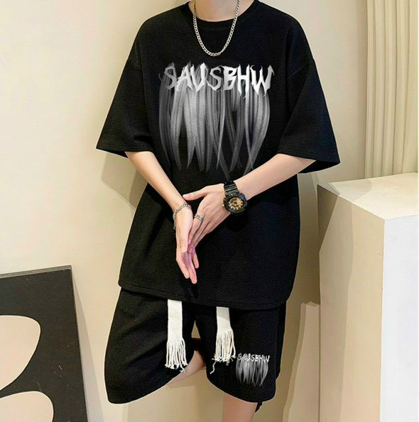 Bộ quần áo unisex ngắn tay phối dây rút in họa tiết SAUSBHW phong cách Hàn Quốc, Set áo thun mix quần short phong cách thể thao