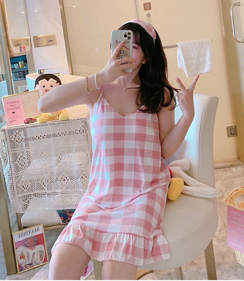 Váy ngủ 2 dây, đầm mặc nhà thiết kế kẻ caro nhỏ mát mẻ vn36