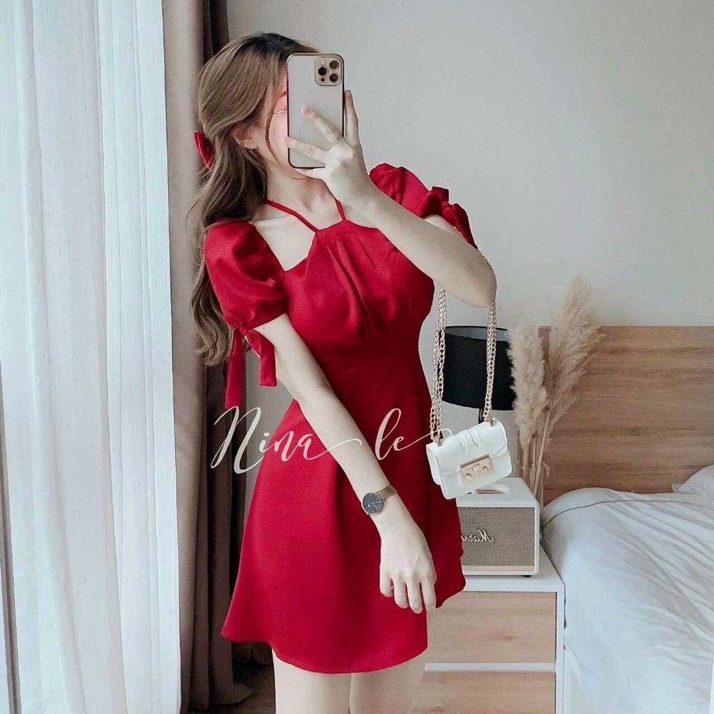 Đầm xoè tiểu thư cổ yếm tay nơ xinh xắn