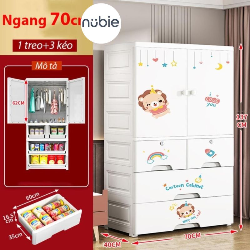 (Ngang 70cm) Tủ Nhựa Đựng Quần Áo, Tủ Đựng Đồ Đa Năng Kèm Bánh Xe, Chất Liệu Nhựa PP An Toàn, Chắc Chắn, Hoạ Tiết Xinh
