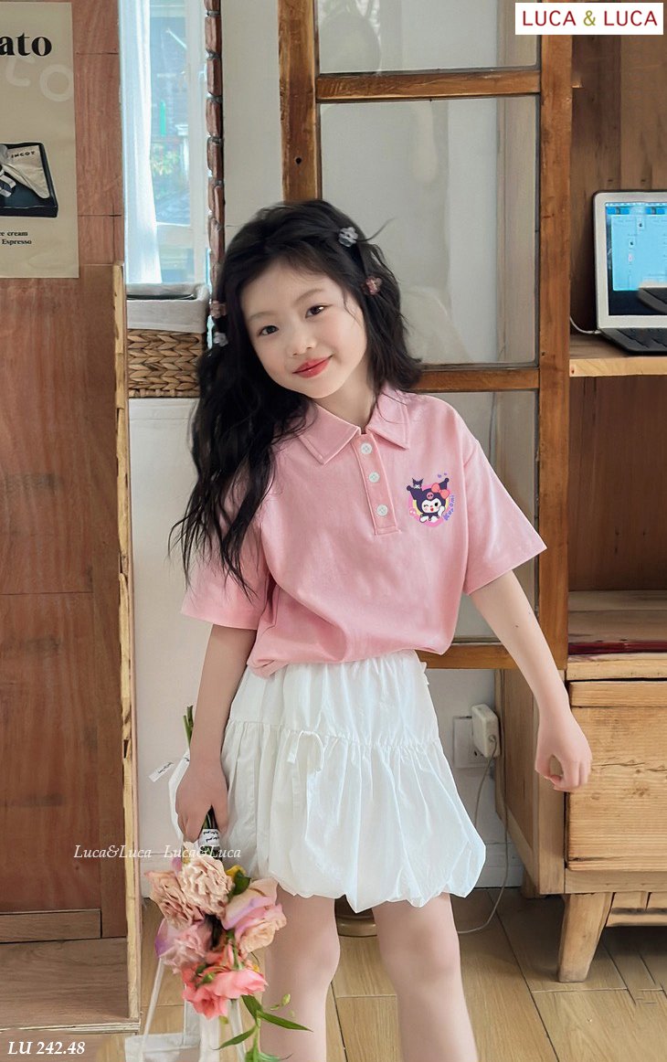 [Từ 1 đến 12 tuổi] Sét áo polo cotton hồng in  mix chân váy boom chất cotton bé gái đến 45kg
