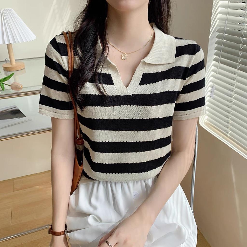 Áo dệt kim len mongtoghi nữ kiểu sọc ngang tay ngắn cổ tròn polo thời trang Quảng Châu cao cấp