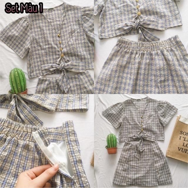 Set caro cột nơ cotton xốp lót lụa ôm body cổ V tay phồng đi biển dự tiệc dạo phố bigsize gợi cảm sexy