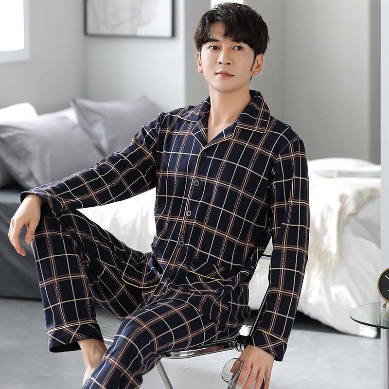 2504- Bộ Pijama nam dài tay cao cấp, chất cotton 100% mềm - thoáng, họa tiết kẻ caro nam tính khỏe khoắn, size L-3XL