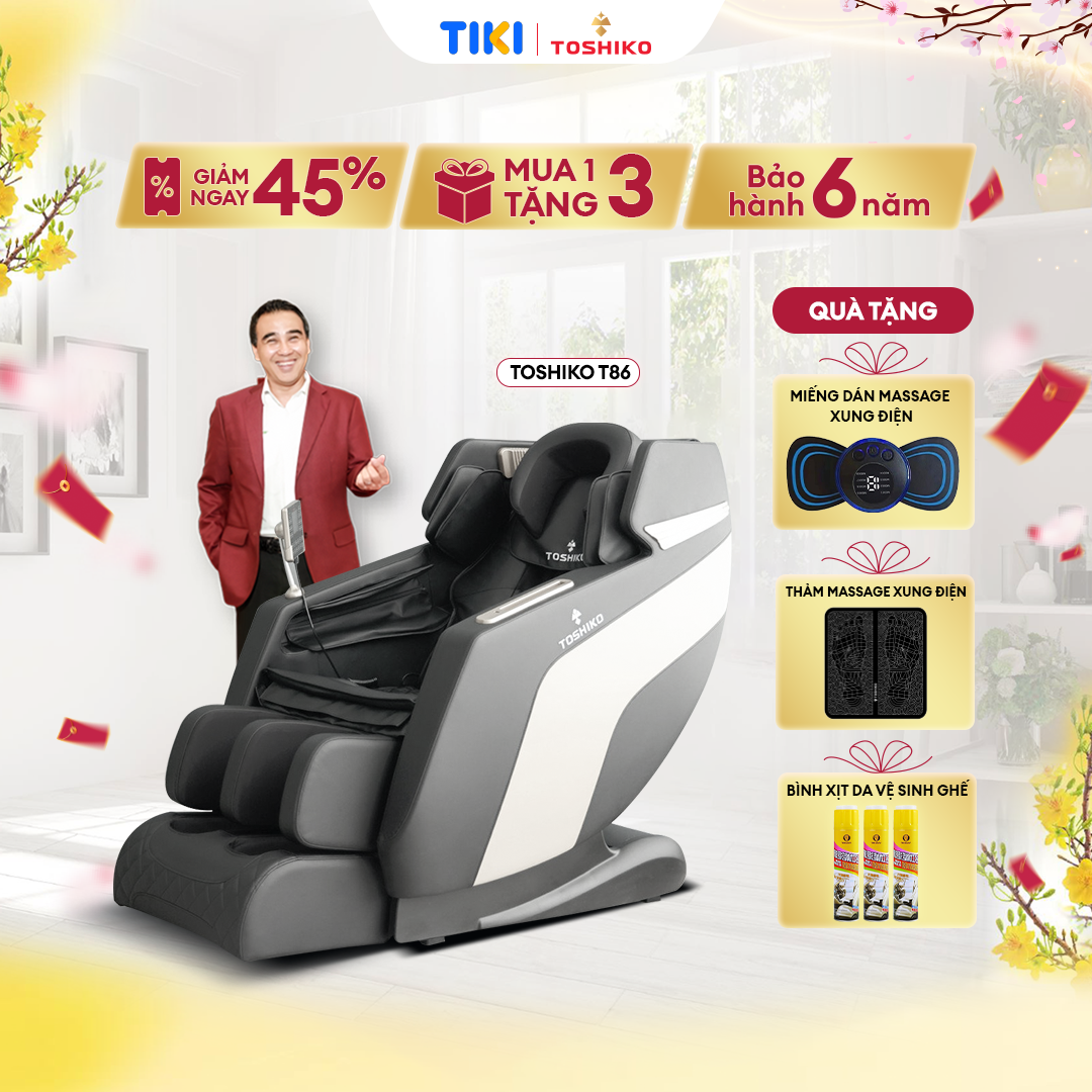 Ghế massage toàn thân Toshiko T86 Pro, ghế massage sử dụng con lăn 4D massage di chuyển, tính năng điều khiển giọng nói, nhiệt hồng ngoại