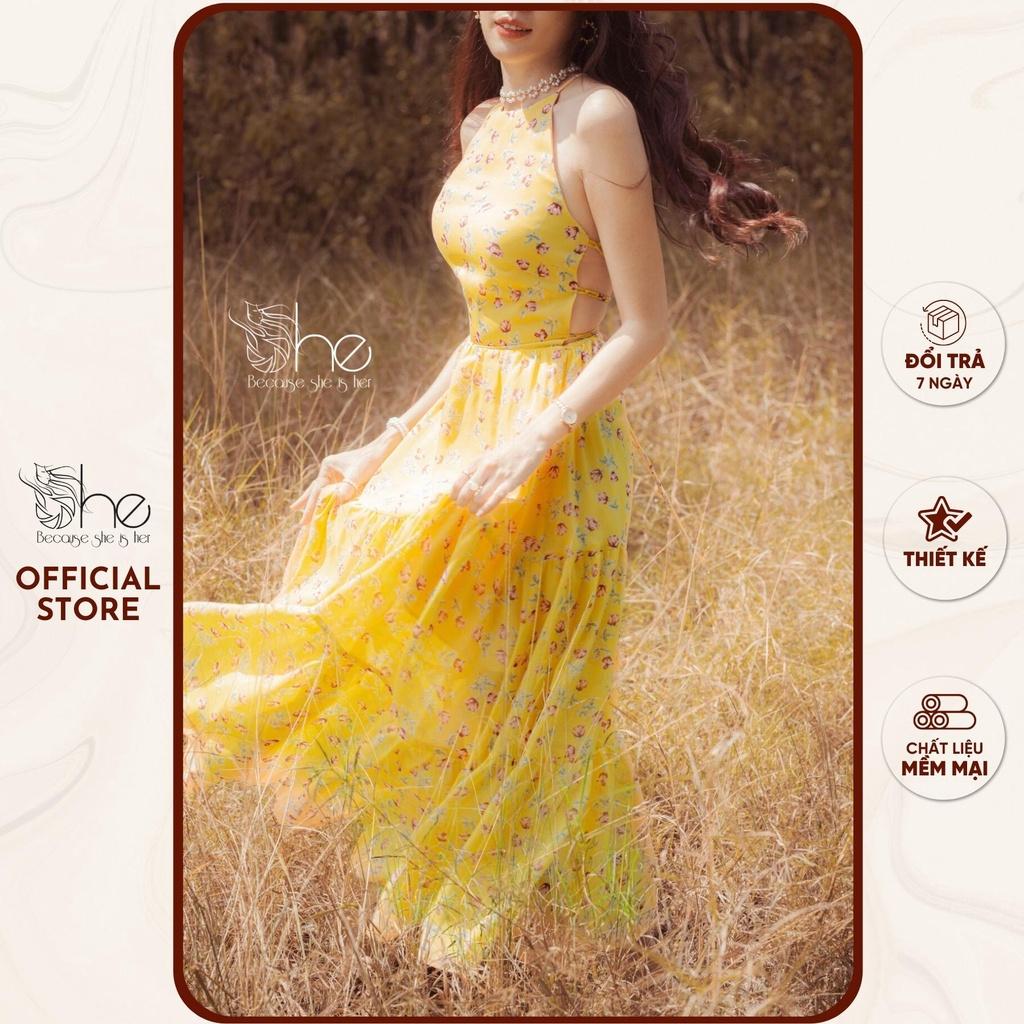 Đầm nữ maxi đi biển thời trang sexy She, váy nữ hoa nhí đan lưng đi chơi SDX122