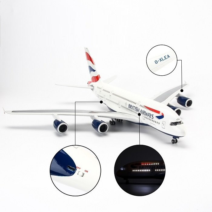 Mô hình máy bay tĩnh A380 British 47cm có bánh xe và đèn led
