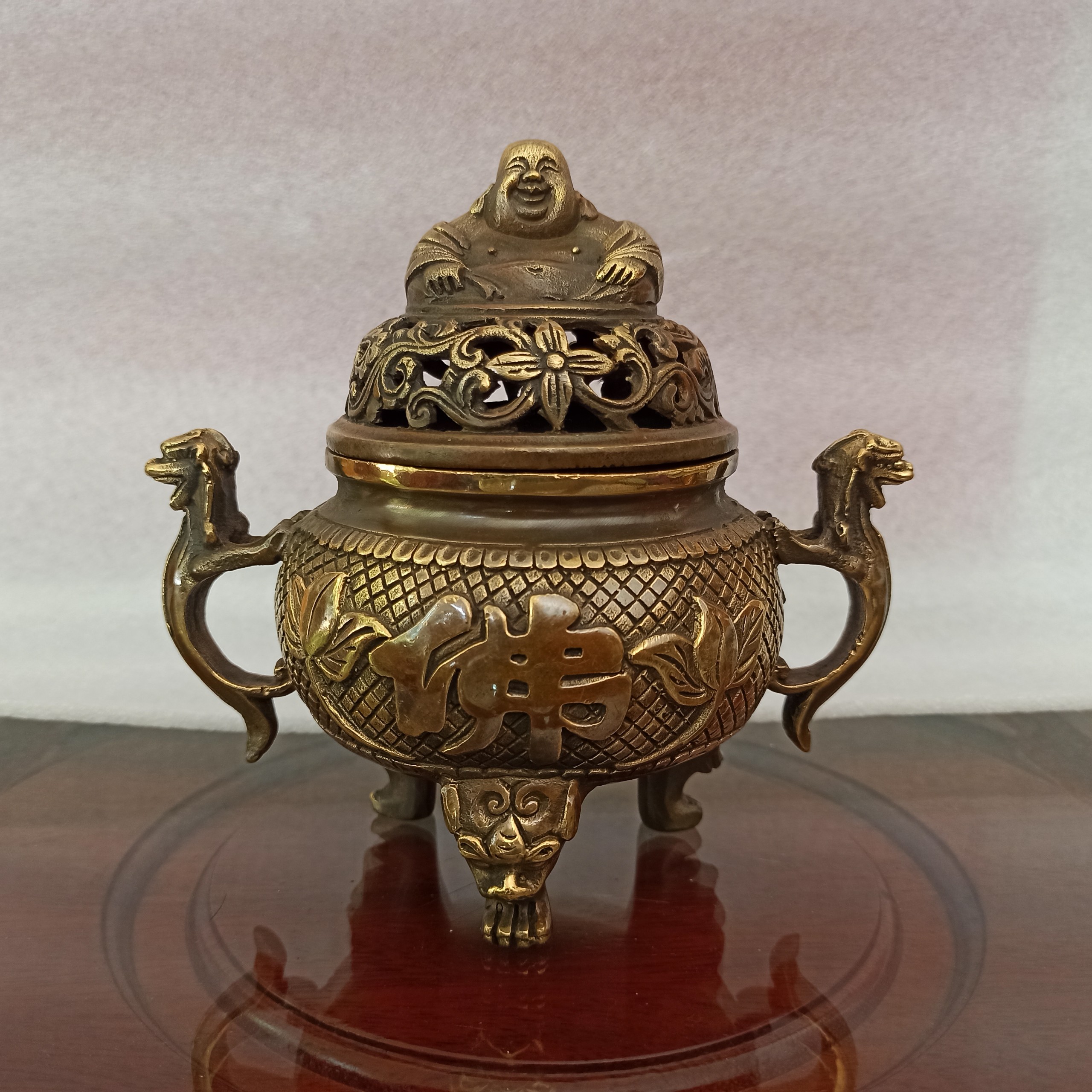 Đỉnh lư đồng xông trầm tượng Phật cao 16cm cỡ đại, Đỉnh lư trầm hương bằng đồng đúc nguyên khối màu nâu giả cổ