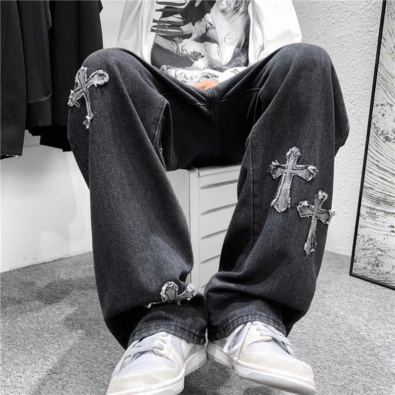 Quần jean ống rộng nam nữ 2N Unisex hình chữ thập Q06