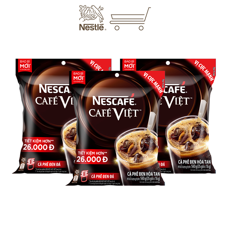 [TẶNG BỘ 4 CHÉN SỨ] Combo 3 bịch cà phê hòa tan Nescafé café Việt cà phê đen đá (Túi 35 gói x 16g)