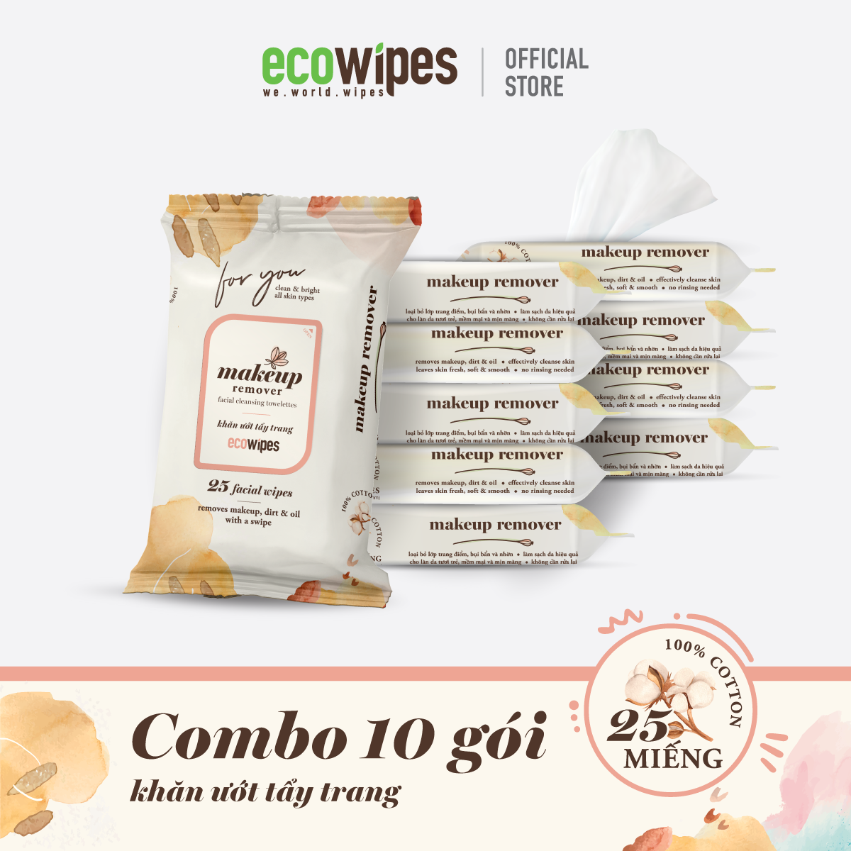 Combo 10 gói khăn giấy ướt tẩy trang Makeup Remover Ecowipes gói 25 tờ làm sạch lớp trang điểm nhanh chóng