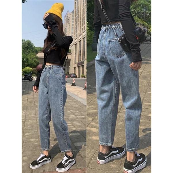 Quần Jean Lưng Chun 2 Nút Baggy Nữ Ống Suông Lưng Cao Quảng Châu