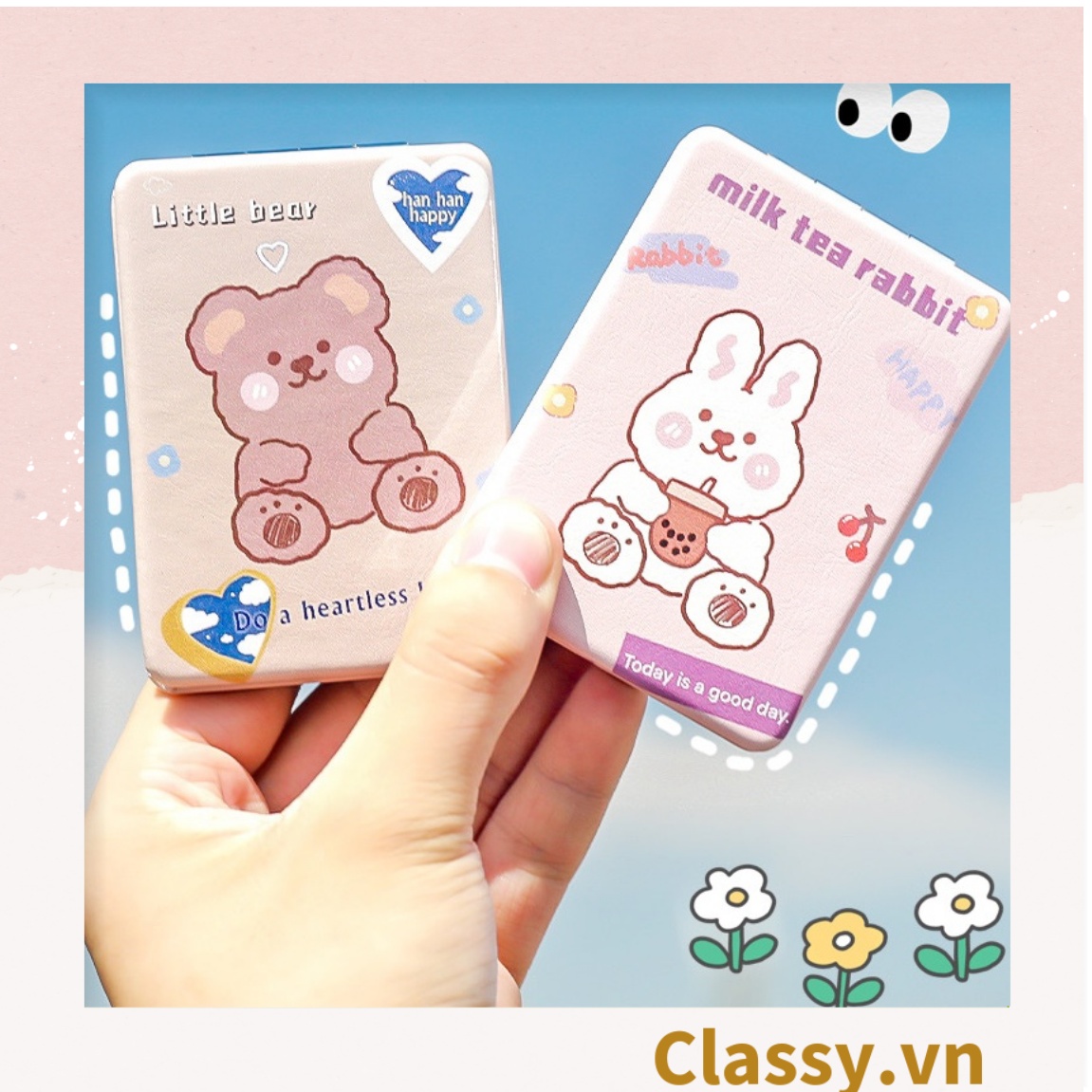 Gương trang điểm cầm tay mini 2 mặt bỏ túi, Gương cầm tay mini Hàn Quốc siêu cute, Gương hoạt hình PK570