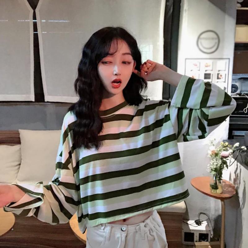 Áo thun tay dài cổ tròn hoạ tiết kẻ sọc thiết kế dáng rộng thoải mái