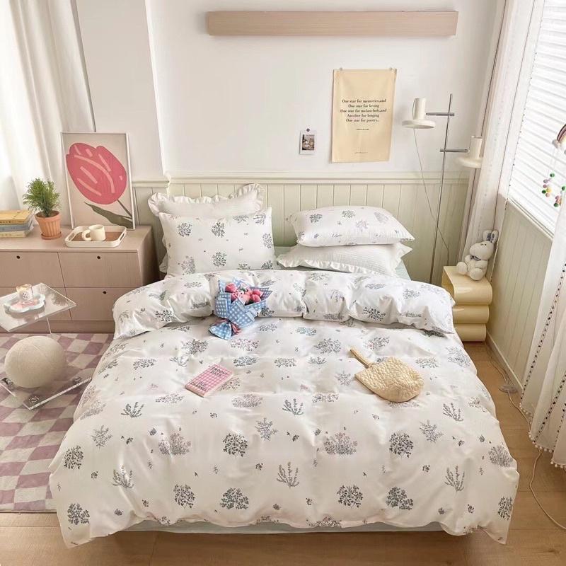 Bộ Chăn Ga Gối Cotton Living Hàng Nhập Khẩu 4 Món Lá Nhí Trắng