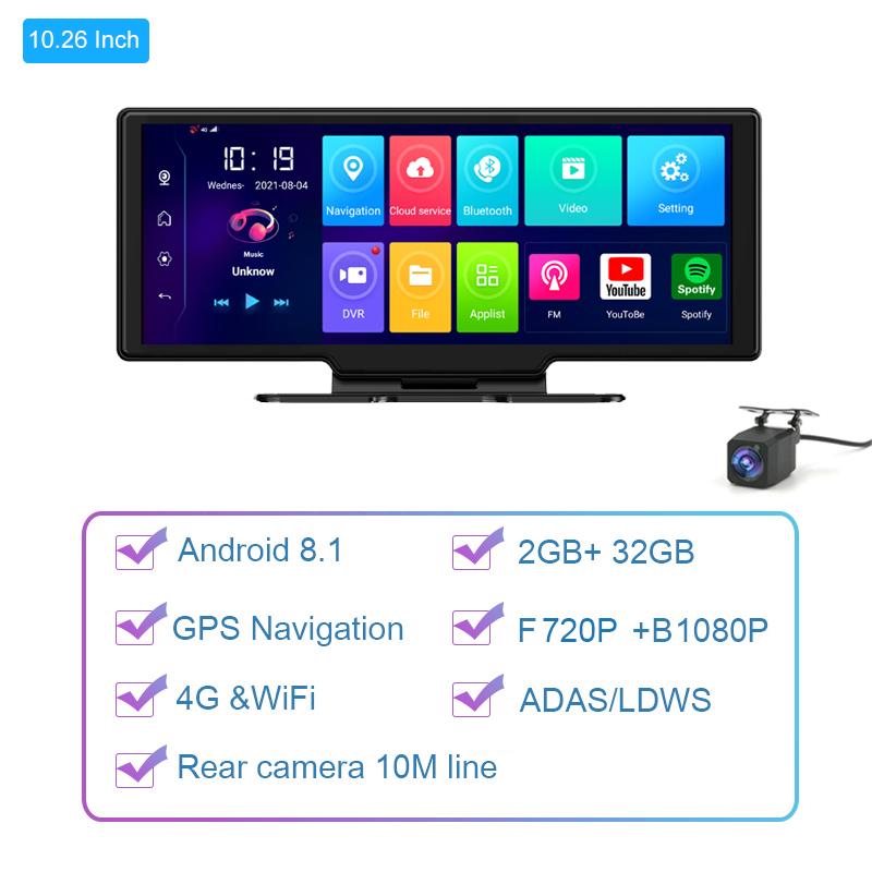Mới 10,26 inch Màn hình cảm ứng 4G Dashcam Camera kép ADAS Điều hướng GPS Android 8.1 Video Recorter Auto Auto Aut