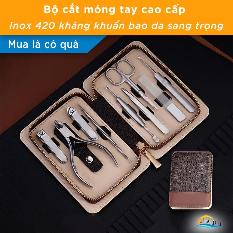 Bộ cắt móng tay cao cấp inox 420 kháng khuẩn bấm móng tay siêu sắc bền bỉ bao da PU da cá sấu sang trọng HADU