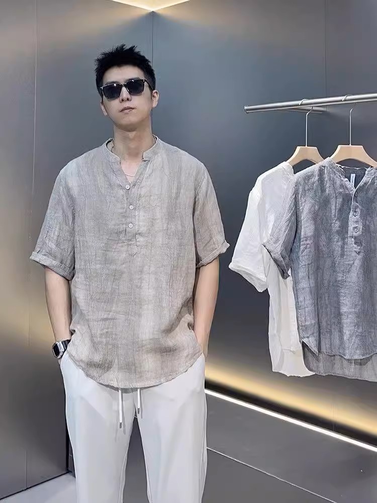 Áo sơ mi đũi trơn ngắn tay nam phối cúc đơn giản tinh tế, thanh lịch