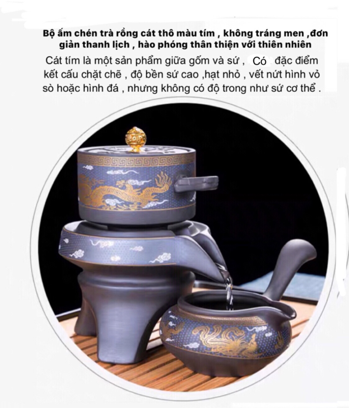 ComBo Khay + Bộ Ấm Chén Trà Cối Xay Tự Động Rồng Phượng Gốm Sứ ,Cát Tím cao cấp Độc Đáo ,19, 18, Chi Tiết