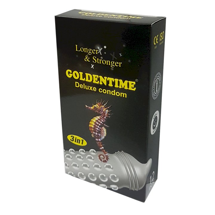 Bao Cao Su Goldentime Longer 3 in 1 (Hộp 12 Cái) Tăng khoái cảm, Kéo dài thời gian, Hàng Chính Hãng 100%