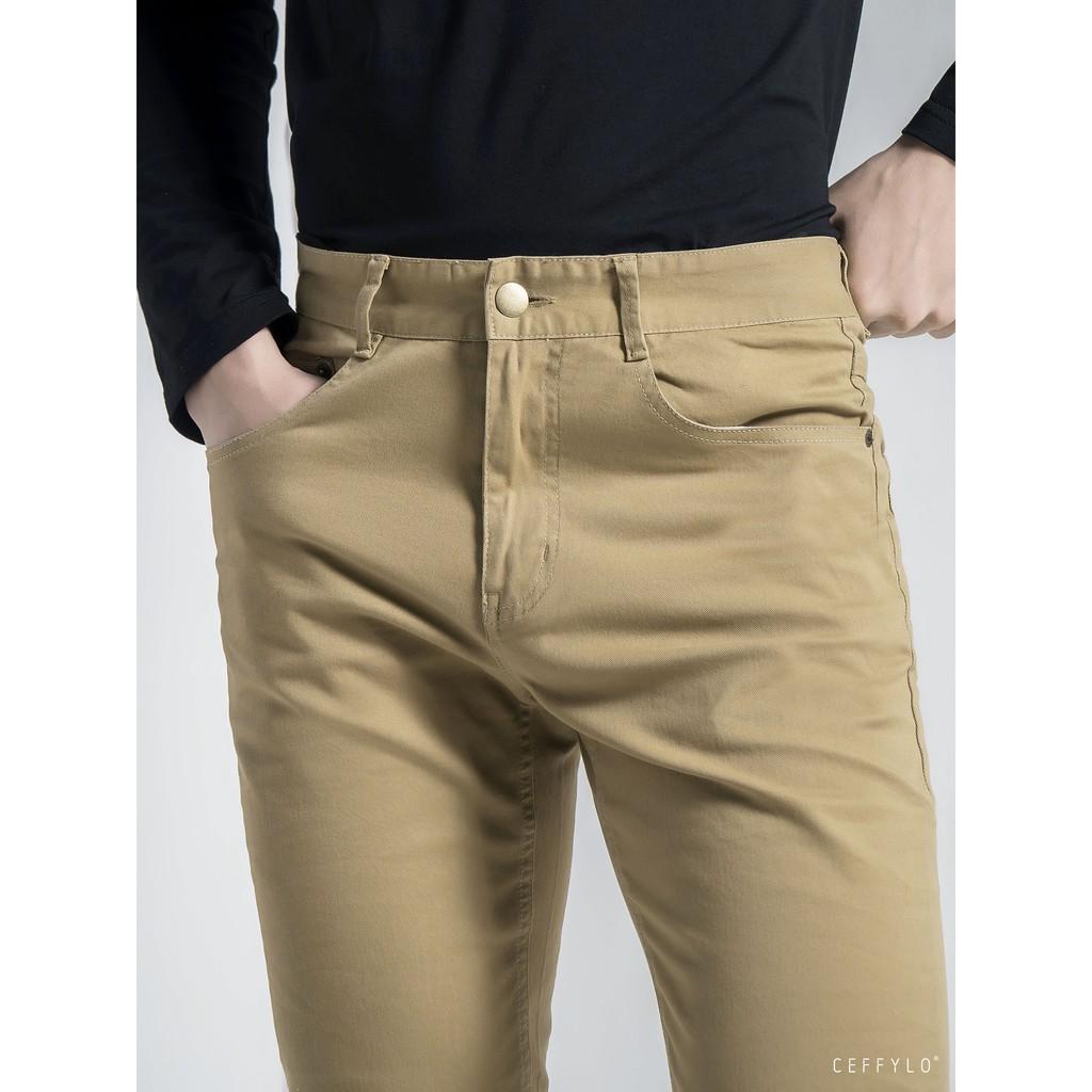 Quần Khaki Túi Jeans trơn Be CEFFYLO, Form Slimfit, Co Giãn