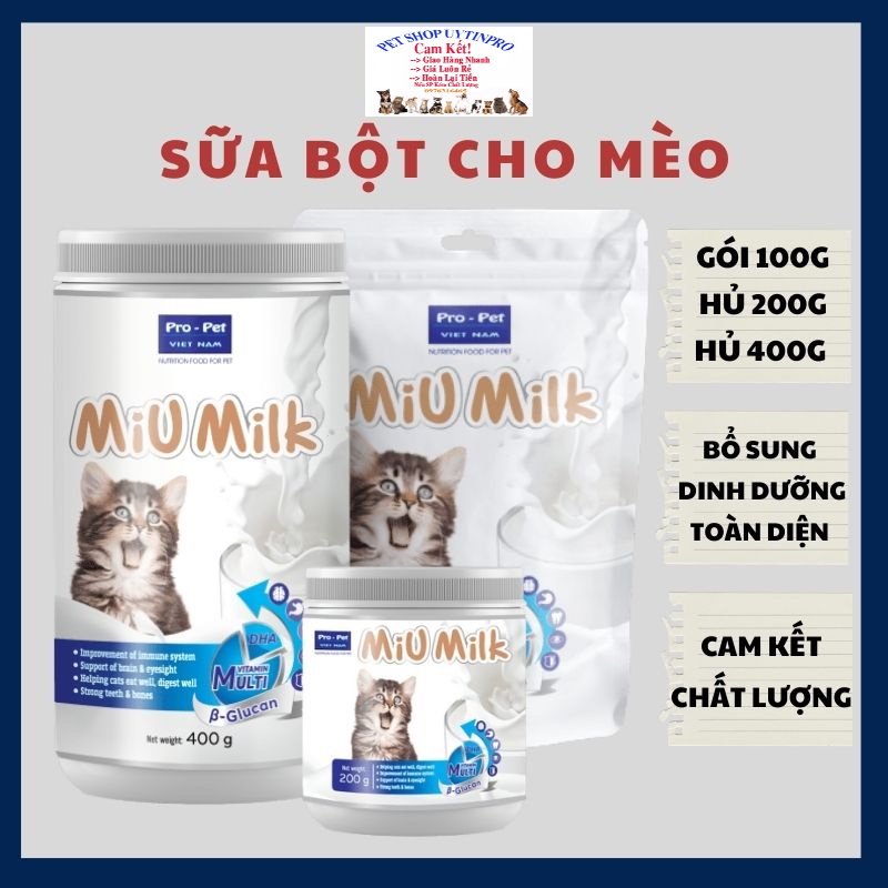 Sữa cho Mèo Pro-pet Miu Milk Bổ sung dinh dưỡng Tăng cường hệ miễn dịch Răng xương chắc khỏe Tiêu hóa tốt Sx tại VN