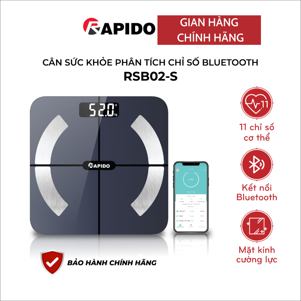 Cân sức khỏe phân tích 14 chỉ số cơ thể Rapido RSB02-S có Bluetooth