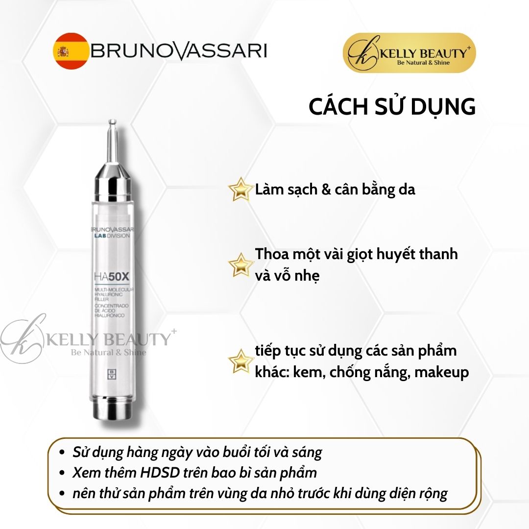 Huyết Thanh HA Siêu Cấp Ẩm Bruno Vassari HA50X Hyaluronic Multi Molecular Filler - Cấp Ẩm Đa Tầng, Săn Da - Kelly Beauty