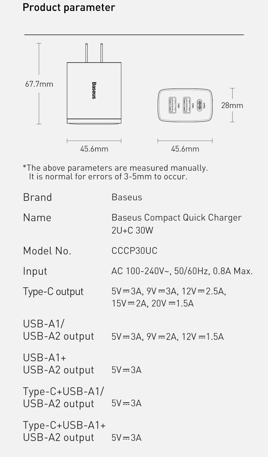 Củ sạc 30W 3 cổng (2U+1C) 2 chân cắm tròn Baseus Compact CCCP30UE - Hàng chính hãng