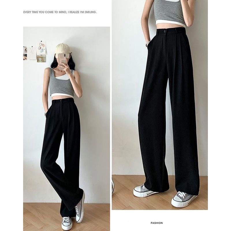 Quần Ống Rộng Suông lưng cao khóa trước 1 khuy chất tuyết mưa khuy giữa quần culottes ống xuông cạp cao cho nữ