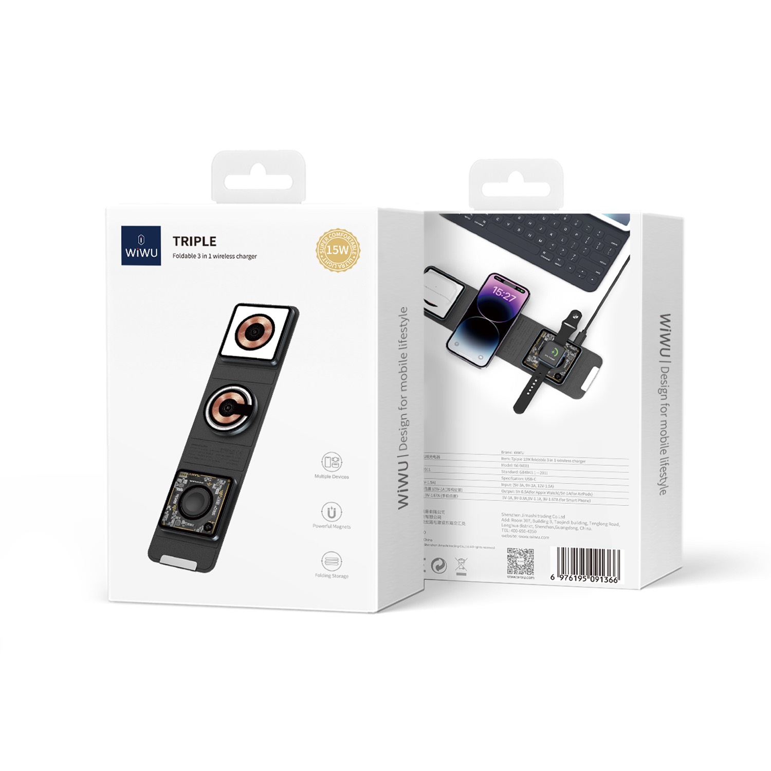 Dock sạc Wiwu Triple Foldable 3 in 1 Wi-W001 cho điện thoại, tai nghe, đồng hồ có thể gấp gọn lại, sạc 3 thiết bị cùng lúc được - Hàng chính hãng