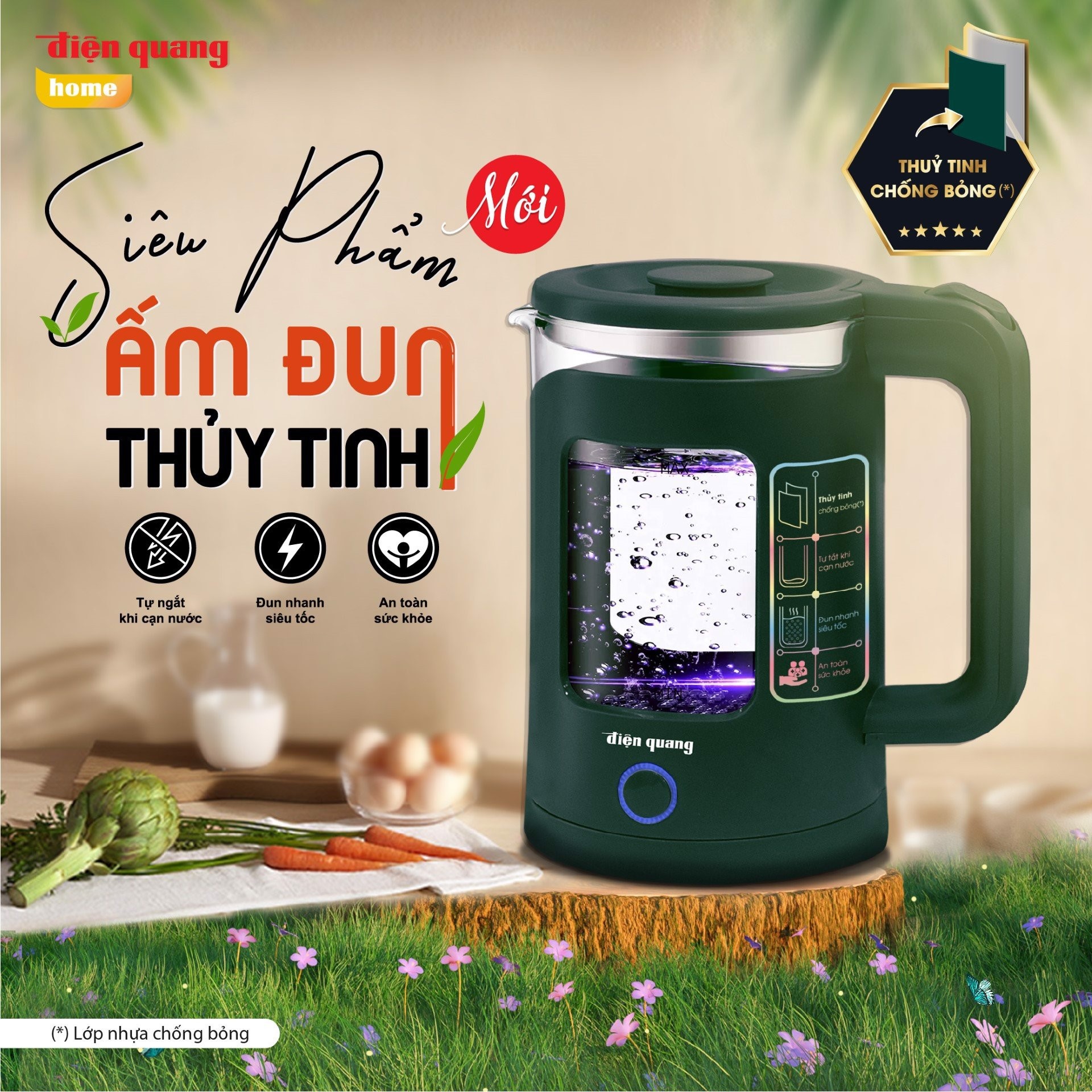 Hàng chính hãng Ấm đun nước siêu tốc Điện Quang ĐQ EKT16 1515 MG ( 1500W, 1.5L, inox 201, thủy tinh cách nhiệt, màu xanh rêu)