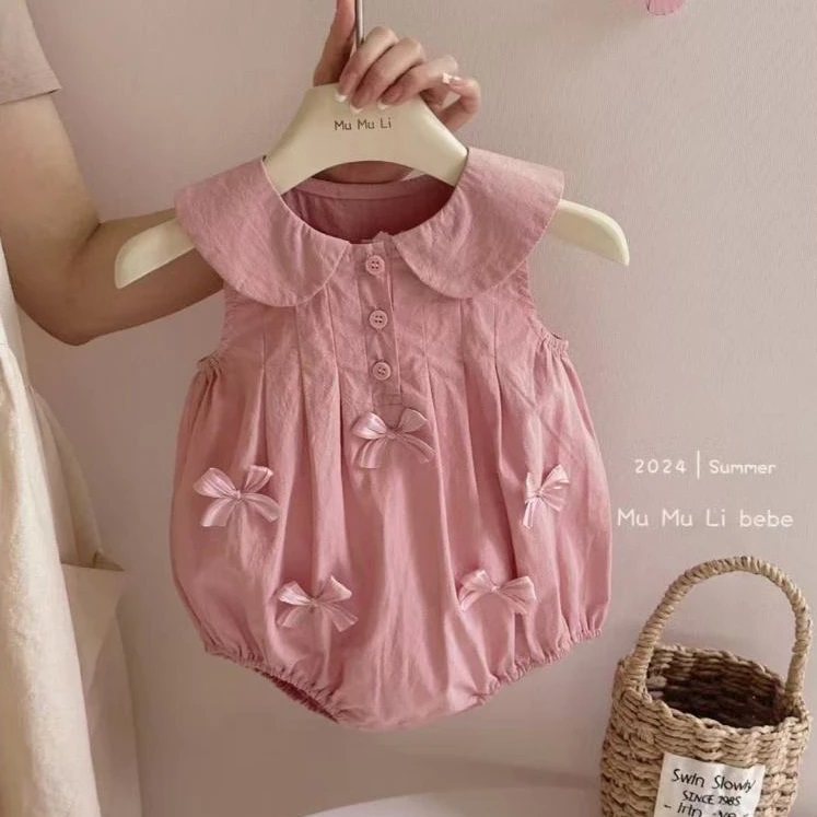 Body Cổ Bèo Tròn Đính Nơ Màu Hồng Cho Bé Gái Sơ Sinh 1 2 Tuổi Từ 5-13kg Dành Cho Bé Gái