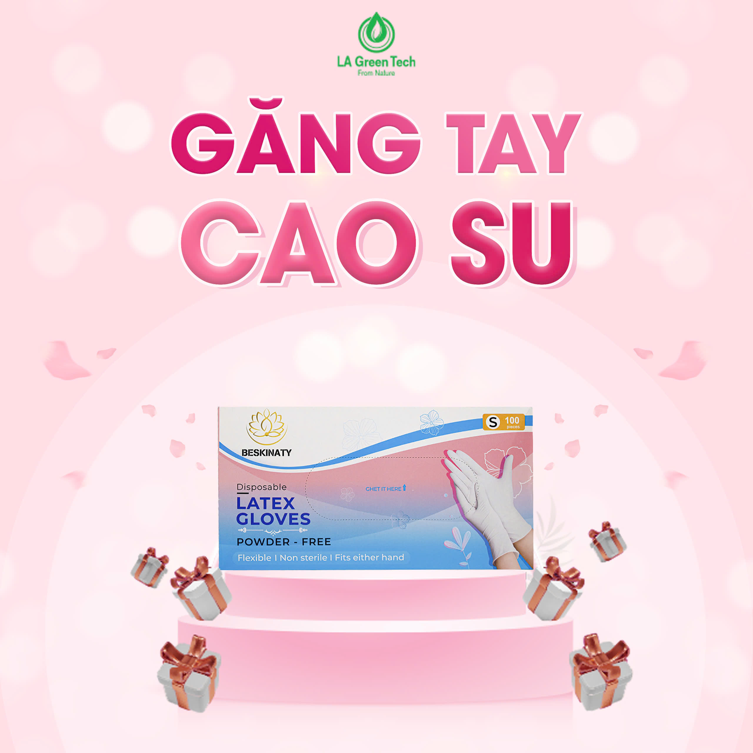 [100 chiếc] Găng Tay cao su y tế không bột Latex Beskinaty dùng cho Spa chăm sóc da, y tế