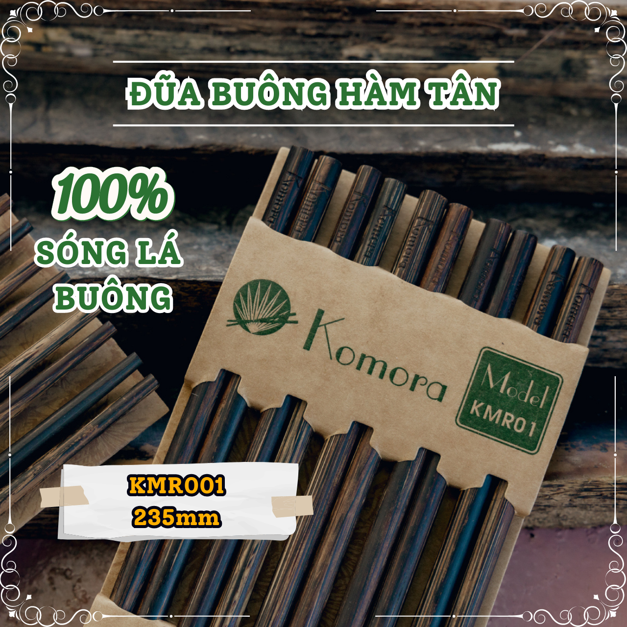 Đũa Buông Hàm Tân KOMORA, Size 235mm, Vỉ 5 Đôi, 100% Sóng Lá Buông, Bền Chắc, Không Ẩm Mốc, An Toàn Sức Khỏe