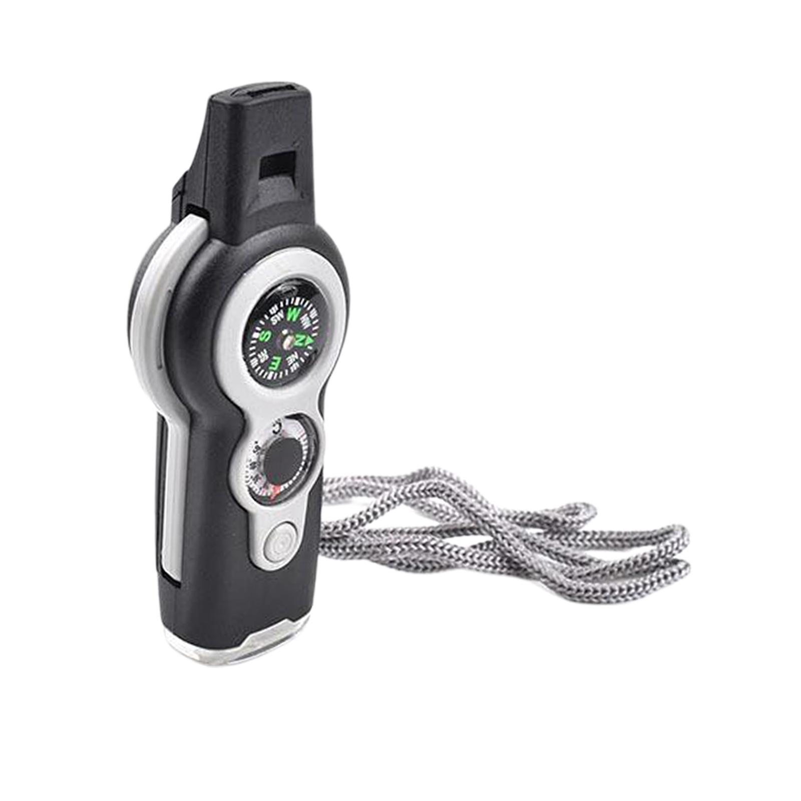Emergency Whistle,7-in-1 Tool, Survival Flashlight Mirror with Storage,Hiking Compass,Camping Thermometer,Magnifier Mirror for Survival Compass