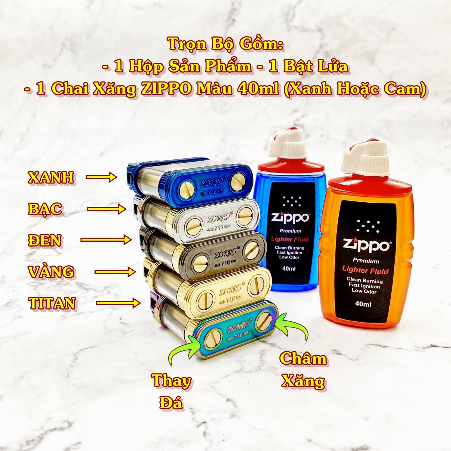 SET Bật lửa hột quẹt xăng lộ thiên Z716 tặng kèm chai xăng - xài xăng