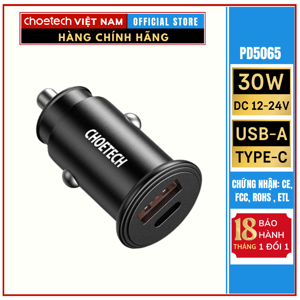Tẩu nhanh ô tô 30W 5A 2 cổng USB Type C+ USB-A QC3.0 Choetech TC0006