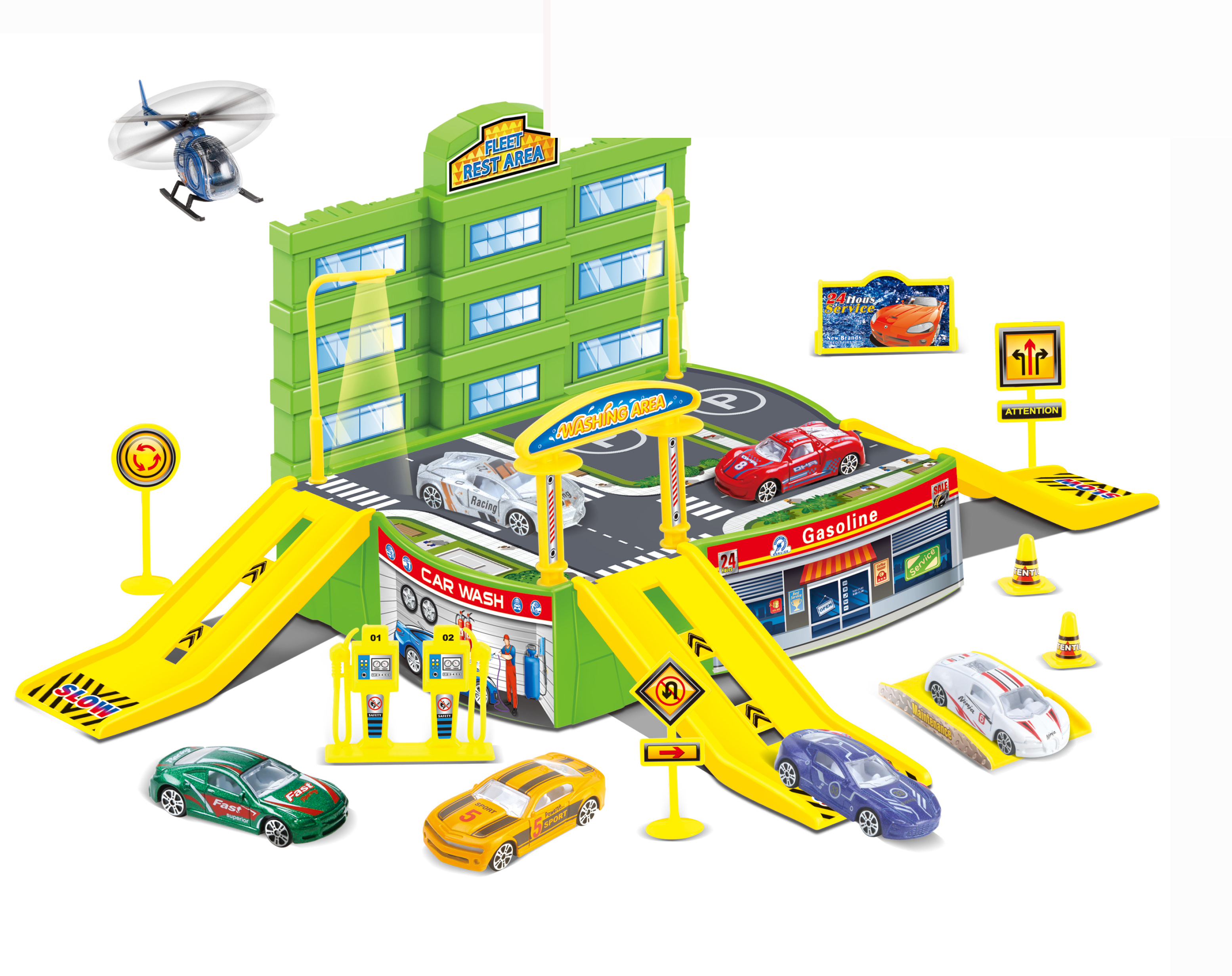Bộ đồ chơi bãi đỗ xe ô tô KAVY kèm nhiều chi tiết như máy bay, đường phố, cây xăng... nhựa nguyên sinh an toàn
