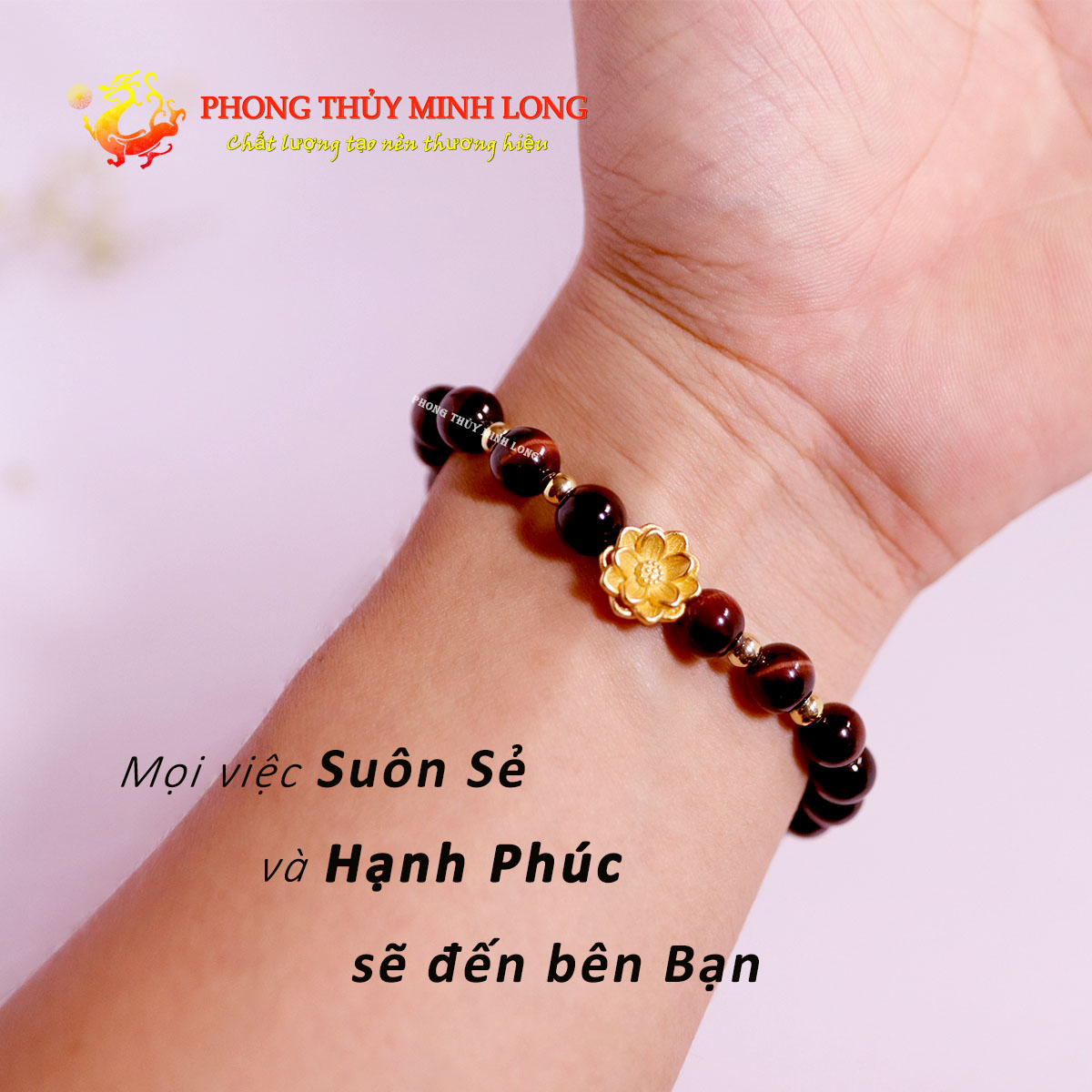 Vòng tay đá mắt hổ đỏ nâu mix bông sen vàng