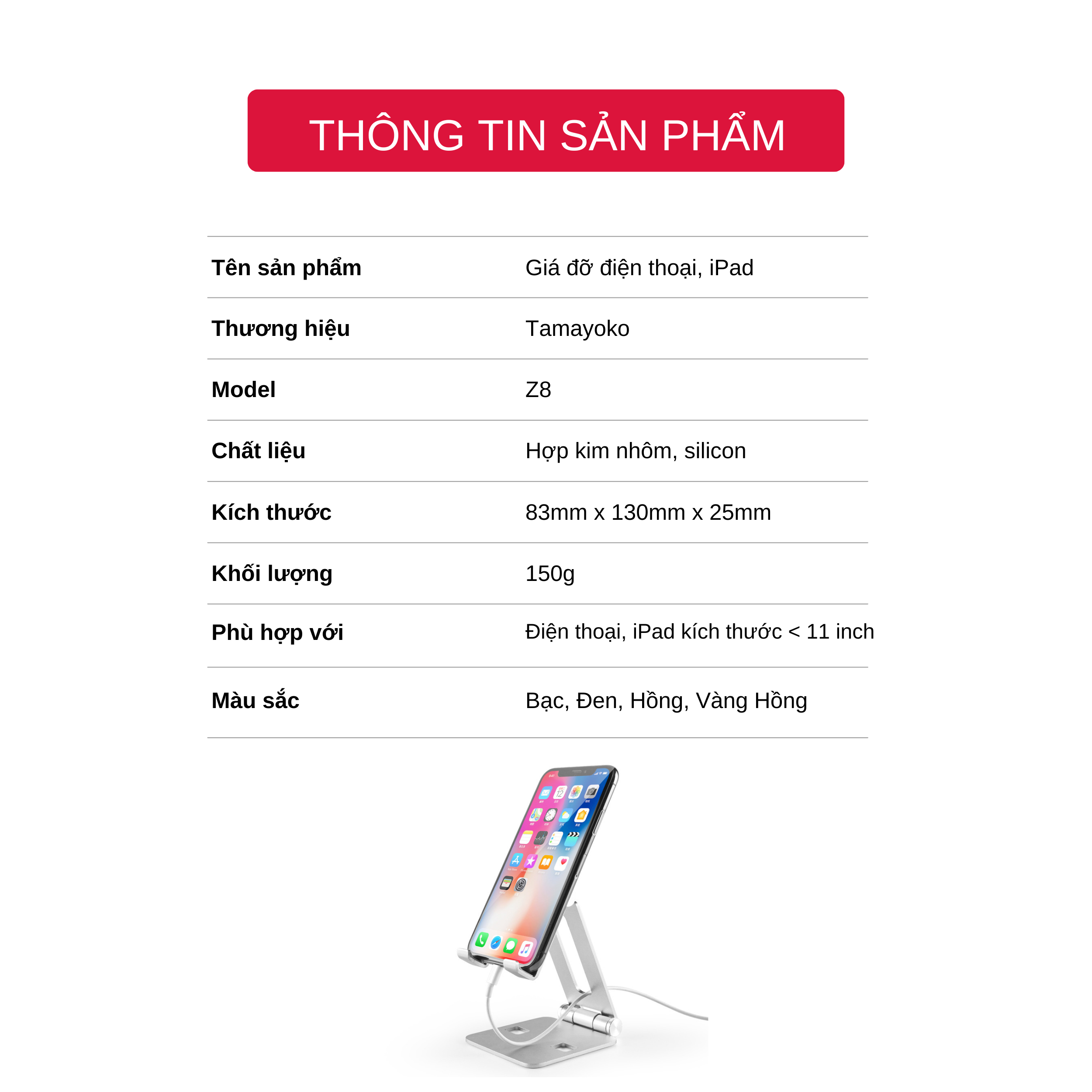 Giá Đỡ Để Bàn Điện Thoại Di Động, Máy Tính Bảng Chất Liệu Hợp Kim Nhôm Cao Cấp 2 Vị Trí Điều Chỉnh Được Góc Nhìn Model Z8- Hàng Chính Hãng Tamayoko