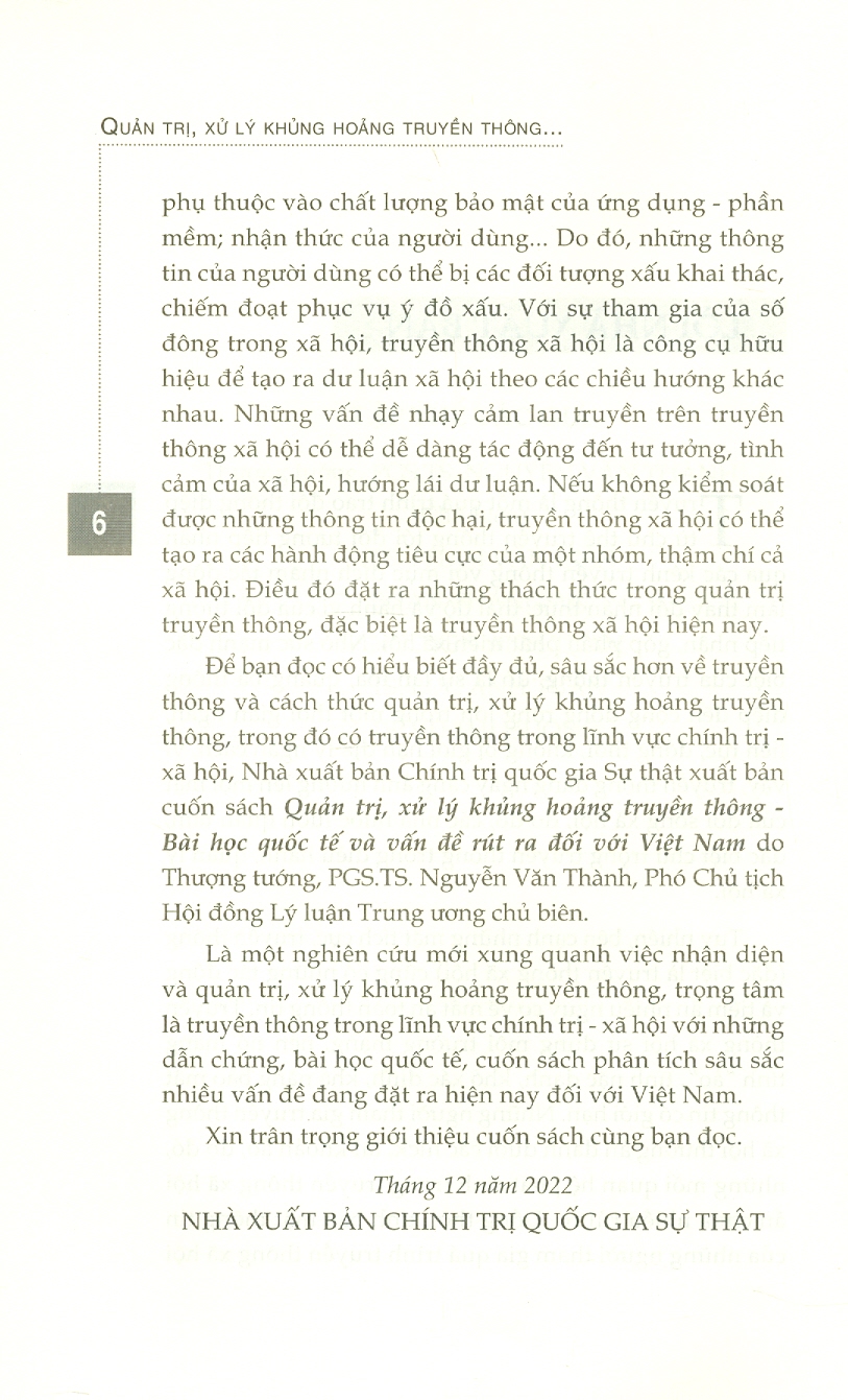 Quản trị, xử lý khủng hoảng truyền thông - Bài học quốc tế và vấn đề rút ra đối với Việt Nam (bản in 2022)