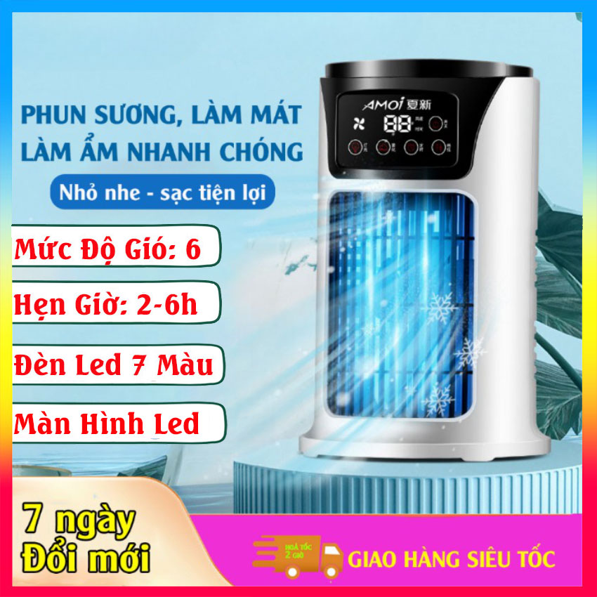 Quạt điều hoà mini, quạt hơi nước phun sương để bàn Amoi 6 cấp độ gió, dung tích bình 300ml chức năng hẹn giờ có đèn led