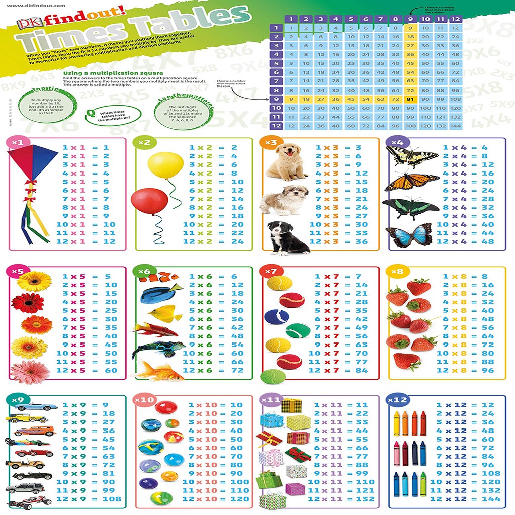 Sách : DKfindout! Times Tables Poster - Tấm áp Phích Khổng Lồ Đầy Màu Sắc Củng Cố Sự Hiểu Biết Của Trẻ