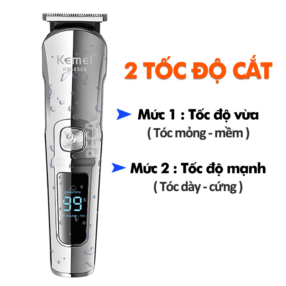 Tông đơ cắt tóc đa năng 11in1 Kemei KM-8508 nhiều đầu thay thế dùng cắt tóc, chấn viền, cạo râu, cạo lông, tỉa lông mũi, cạo chân mày,...có màn hình LED hiển thị điều chỉnh 2 mức tốc độ sạc nhanh 2h