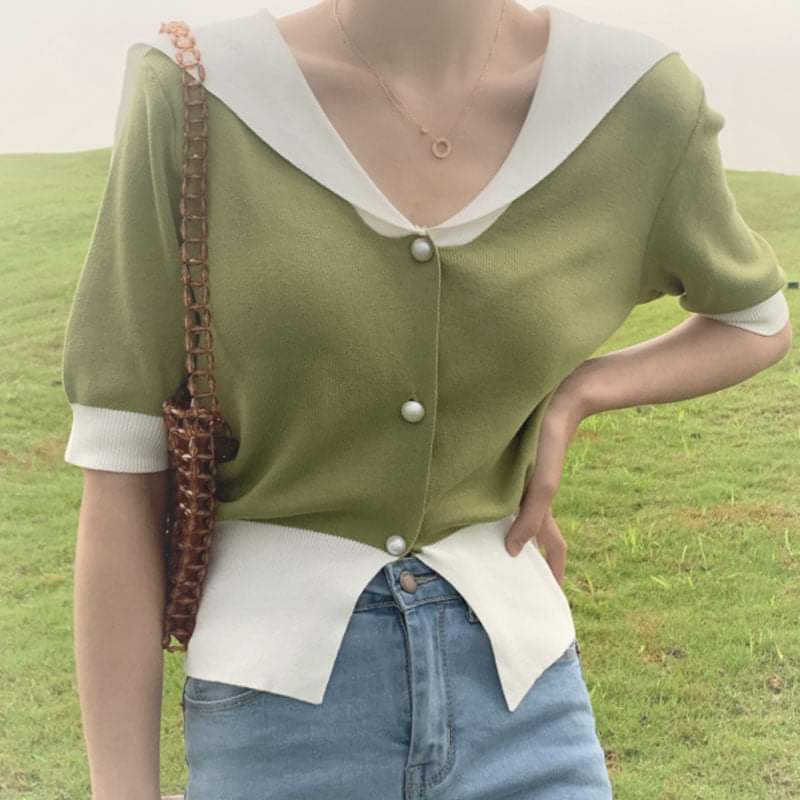 Áo len mỏng ngắn tay cổ khăn choàng