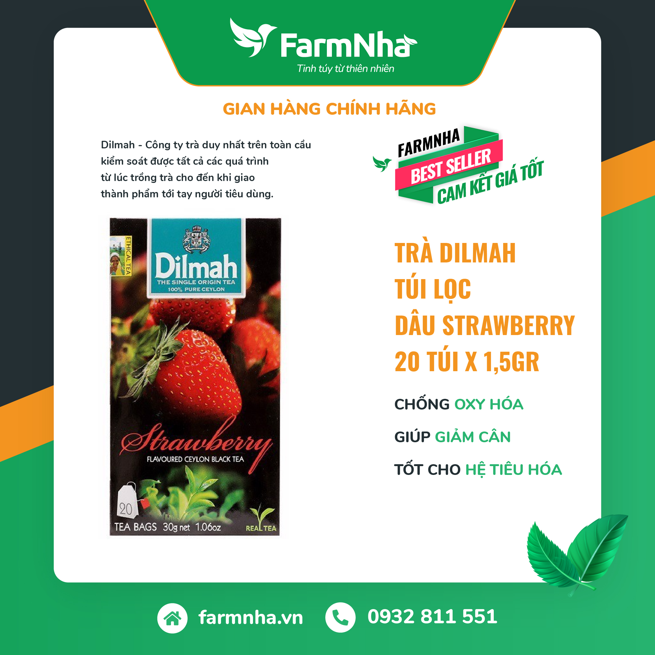 Trà Dilmah Strawberry túi lọc 30g 20 túi x 1.5g - Tinh hoa trà Sri Lanka